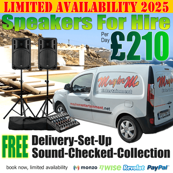 Speaker Hire Rhodes Greece, 2 speakers on stands with an 8 channel mixer and amp, delivered & st up/ collected