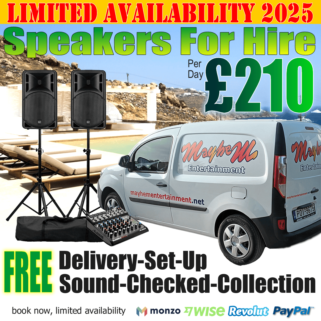 Speaker Hire Rhodes Greece, 2 speakers on stands with an 8 channel mixer and amp, delivered & st up/ collected